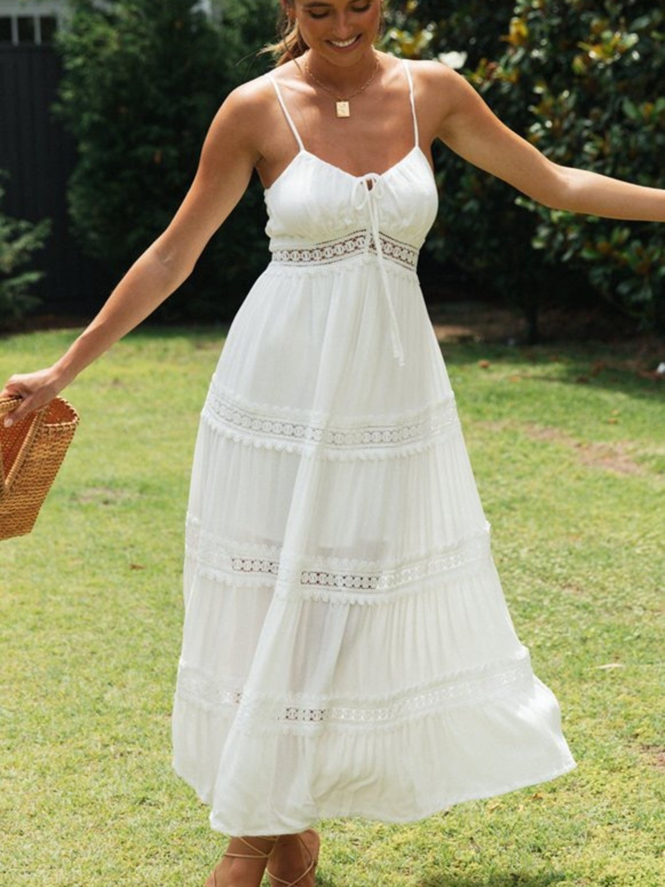 lace trim tiered cami maxi dress Trimmed Midi White / M PrettyGuide Womens Sexy Sparkly Style:BR0569F Featuring a square neck Width:M