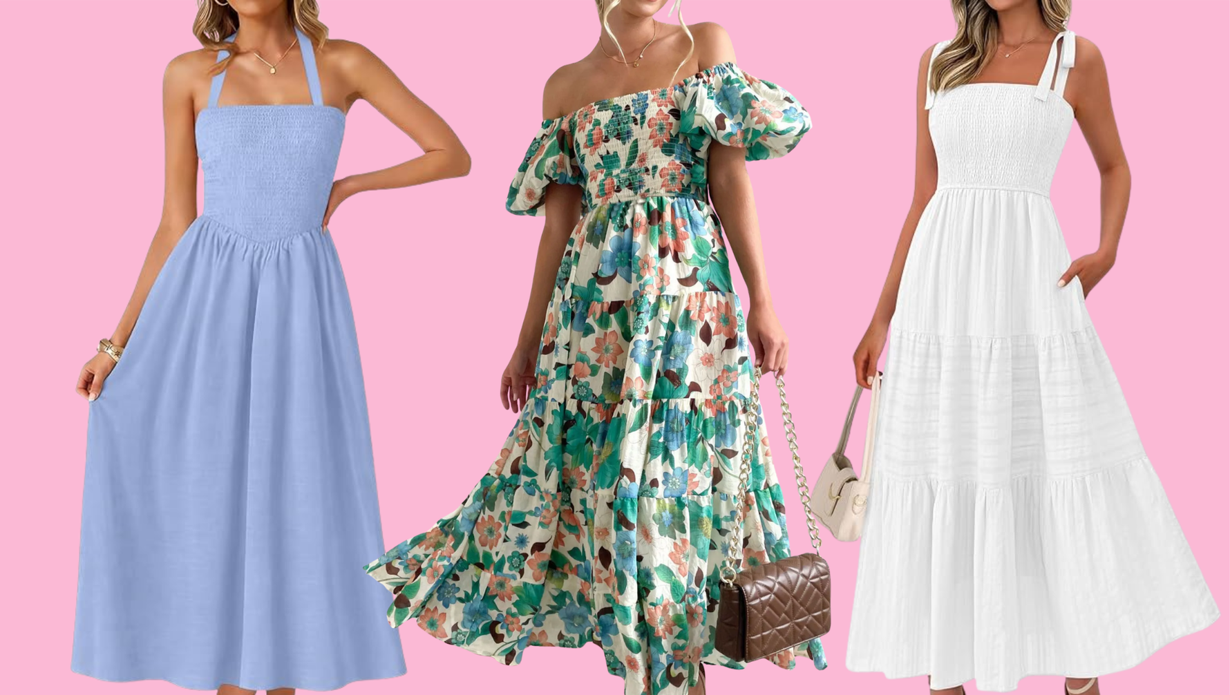 blue, green floral and white dresses