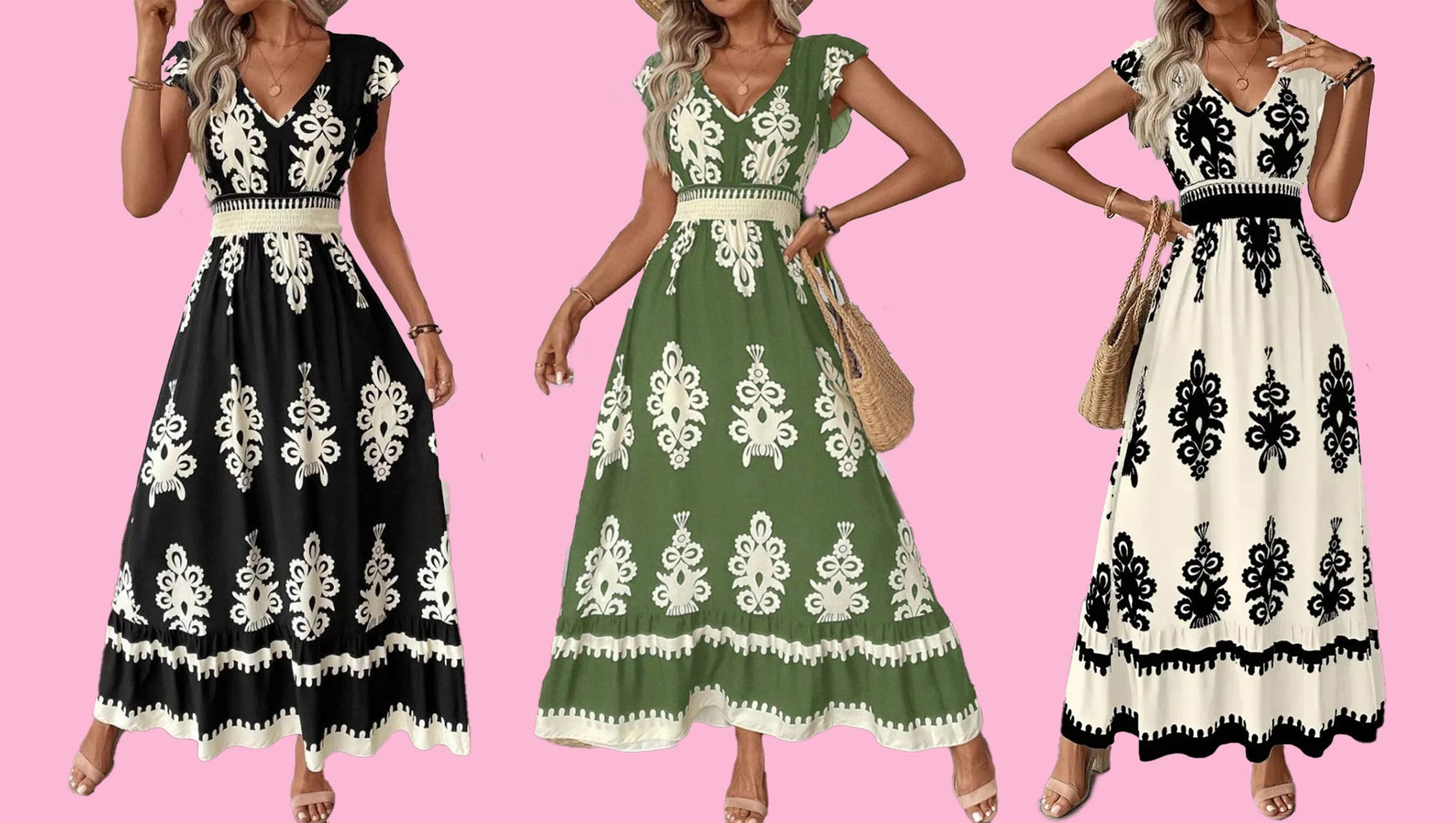 black, green and white printed v-neck maxi dresses