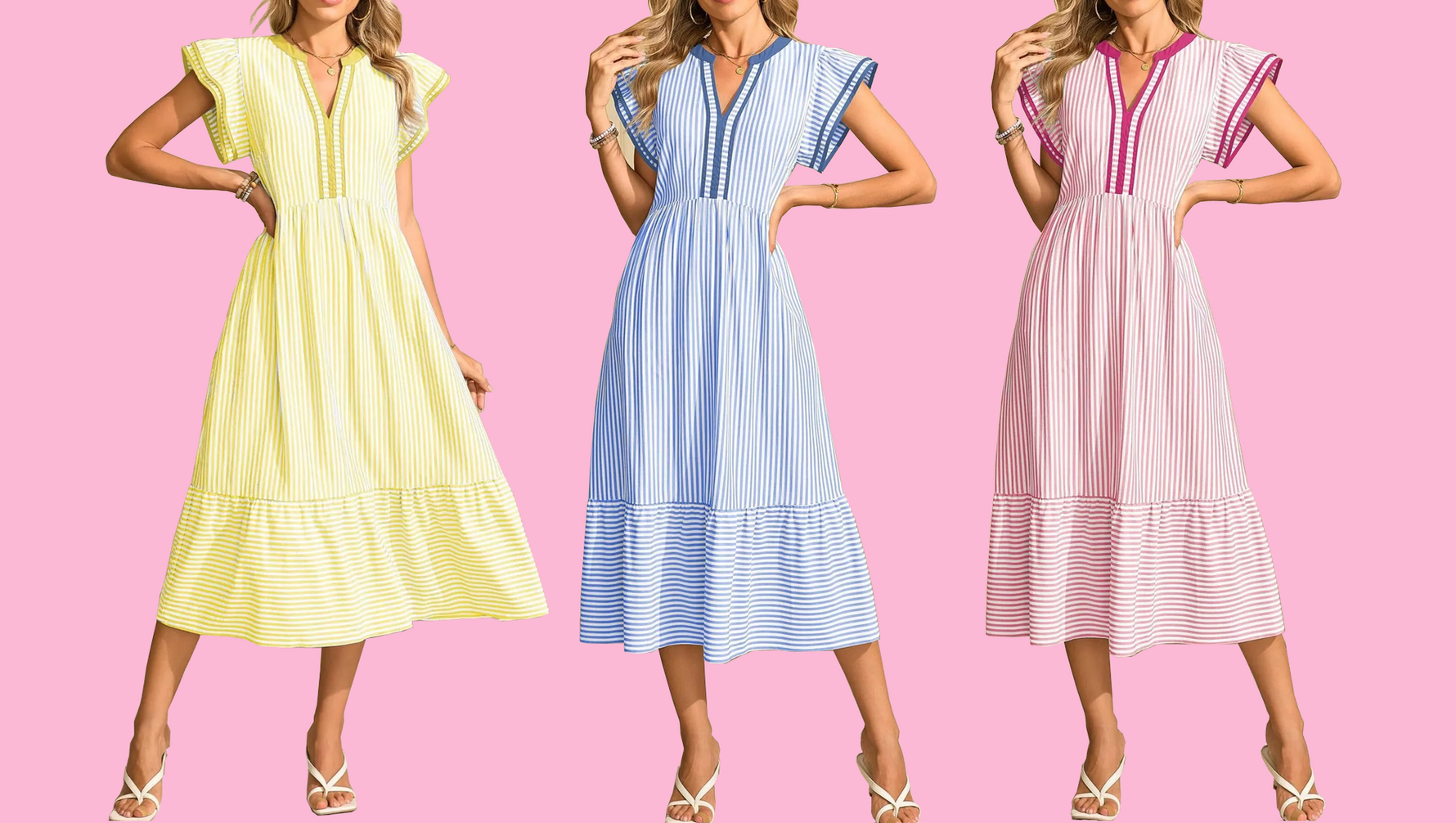 yellow, blue and pink striped dress
