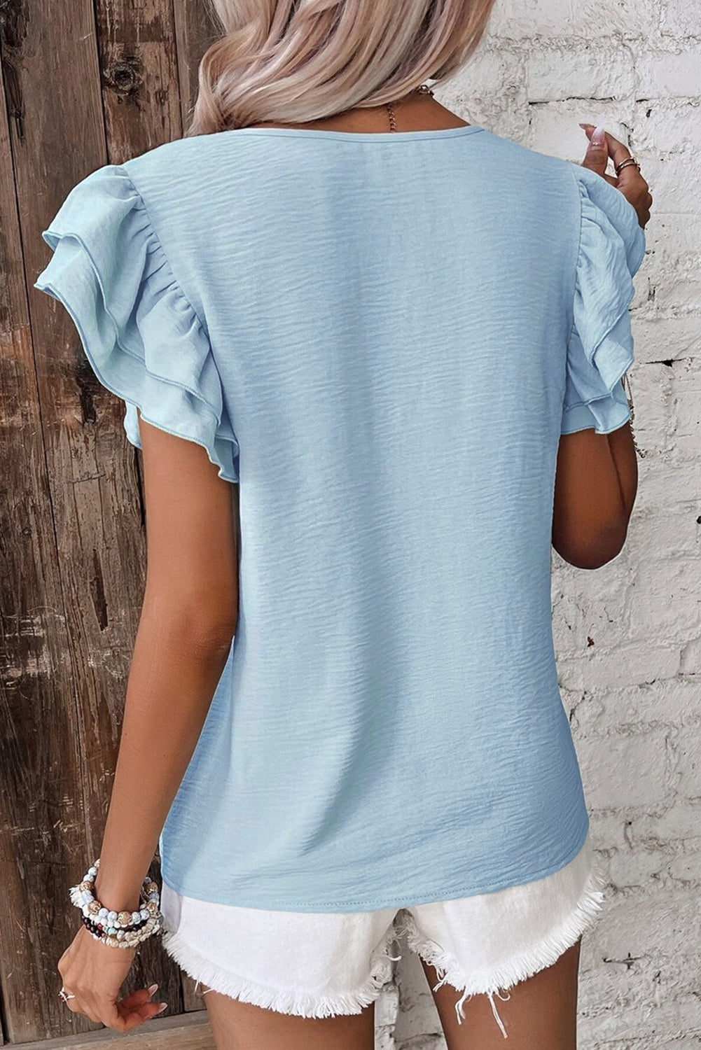 Mist Blue Ruffled Short-Sleeve Blouse