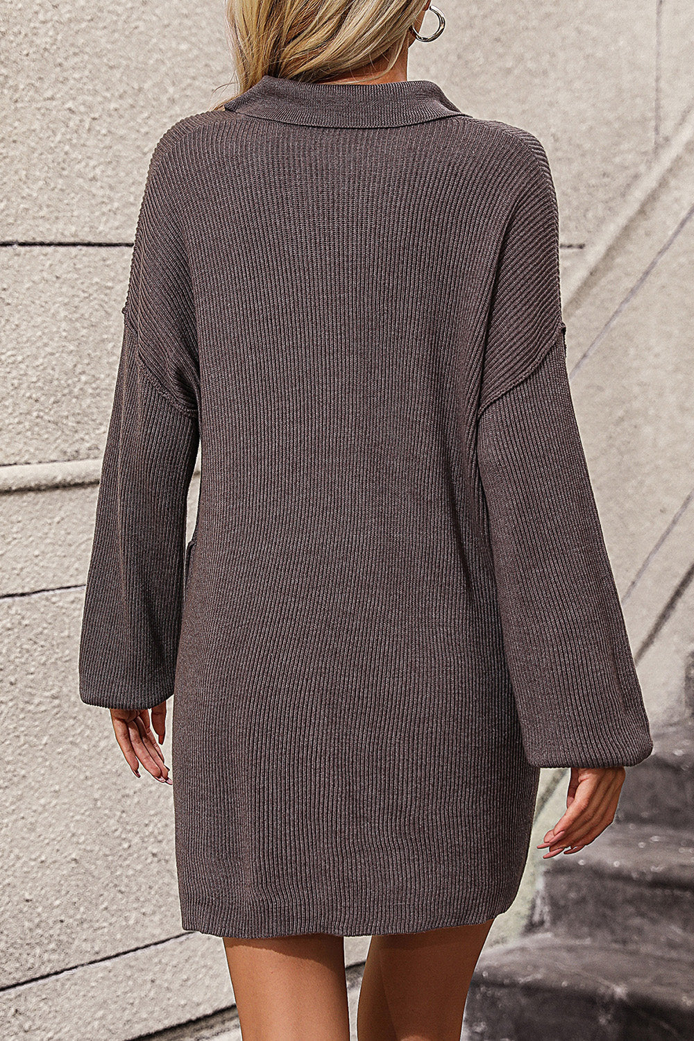 Collared Long Sleeve Sweater Dress with Pockets
