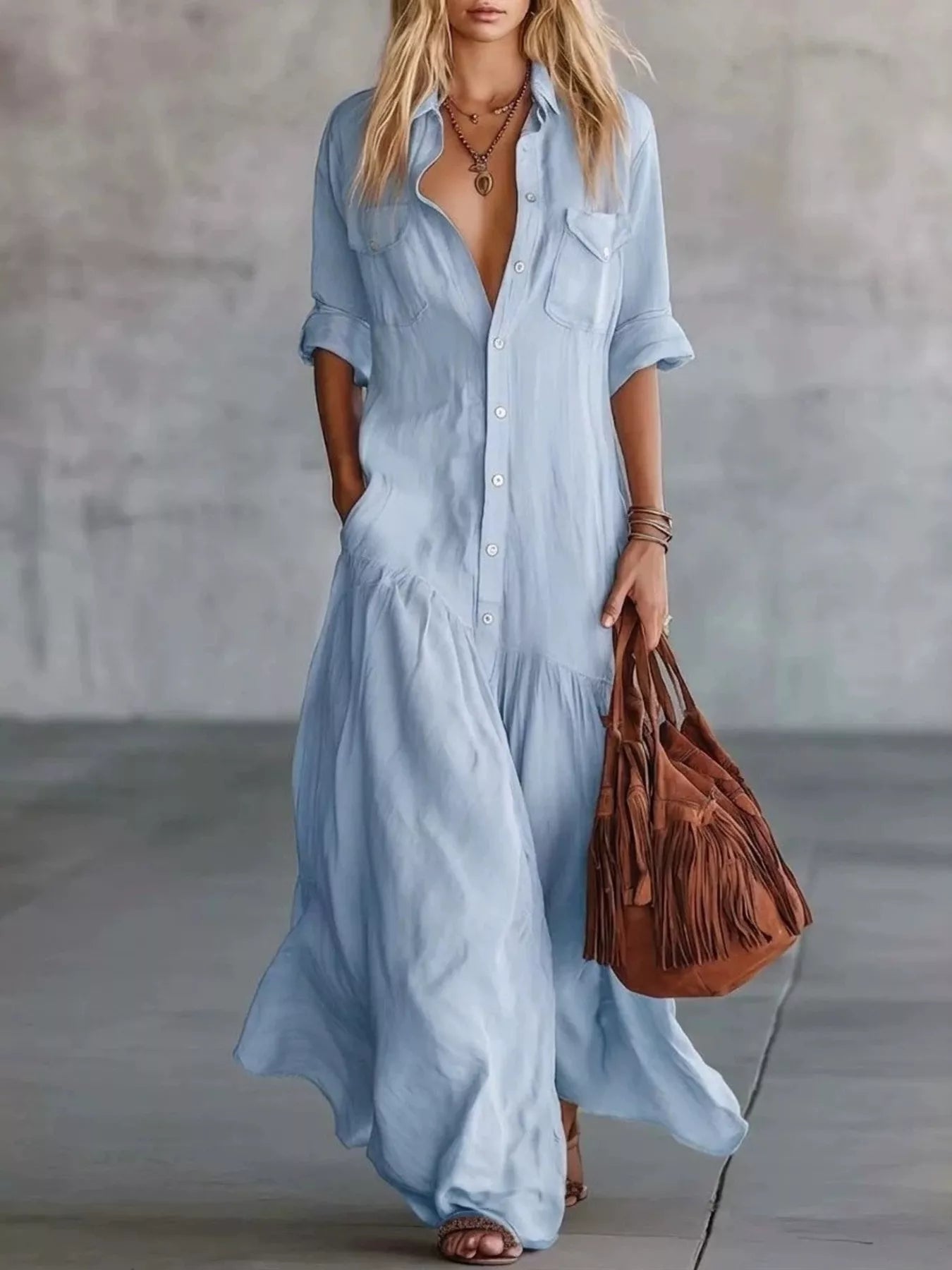 Button-Front Roll-Up Sleeve Maxi Dress
