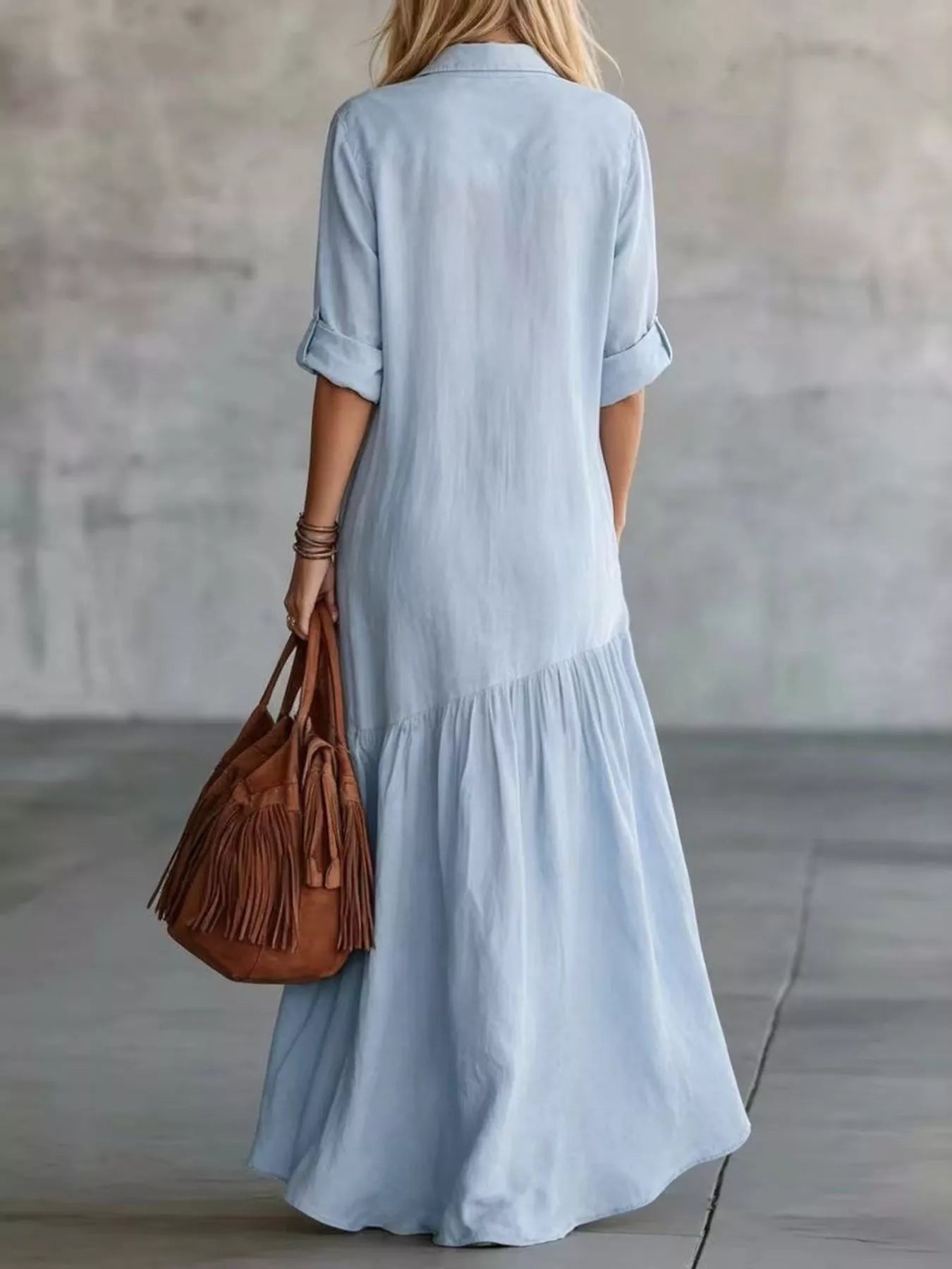 Button-Front Roll-Up Sleeve Maxi Dress
