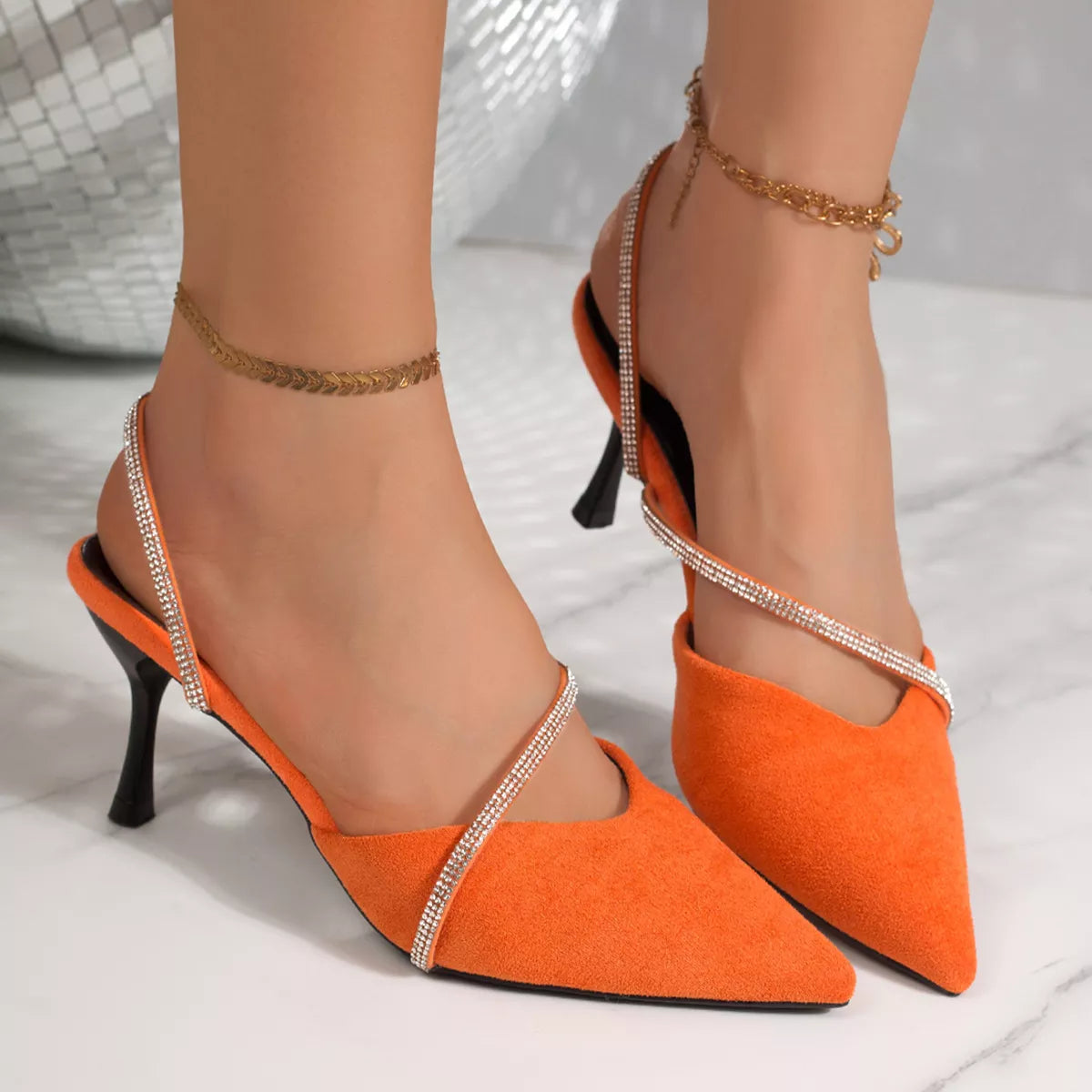 Point-Toe Shimmery Kitten Heel Sandals