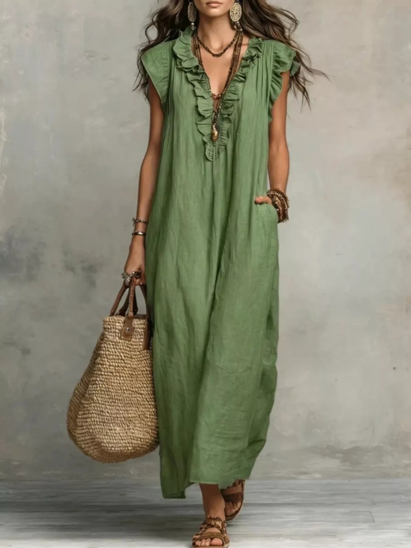 Ruffled V-Neck Cap Sleeve Maxi Dress