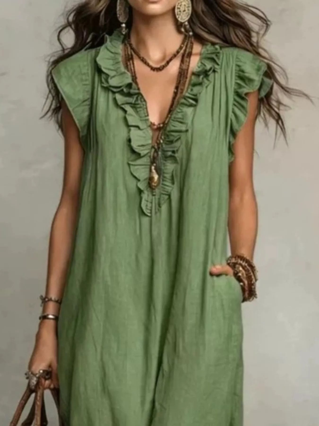 Ruffled V-Neck Cap Sleeve Maxi Dress