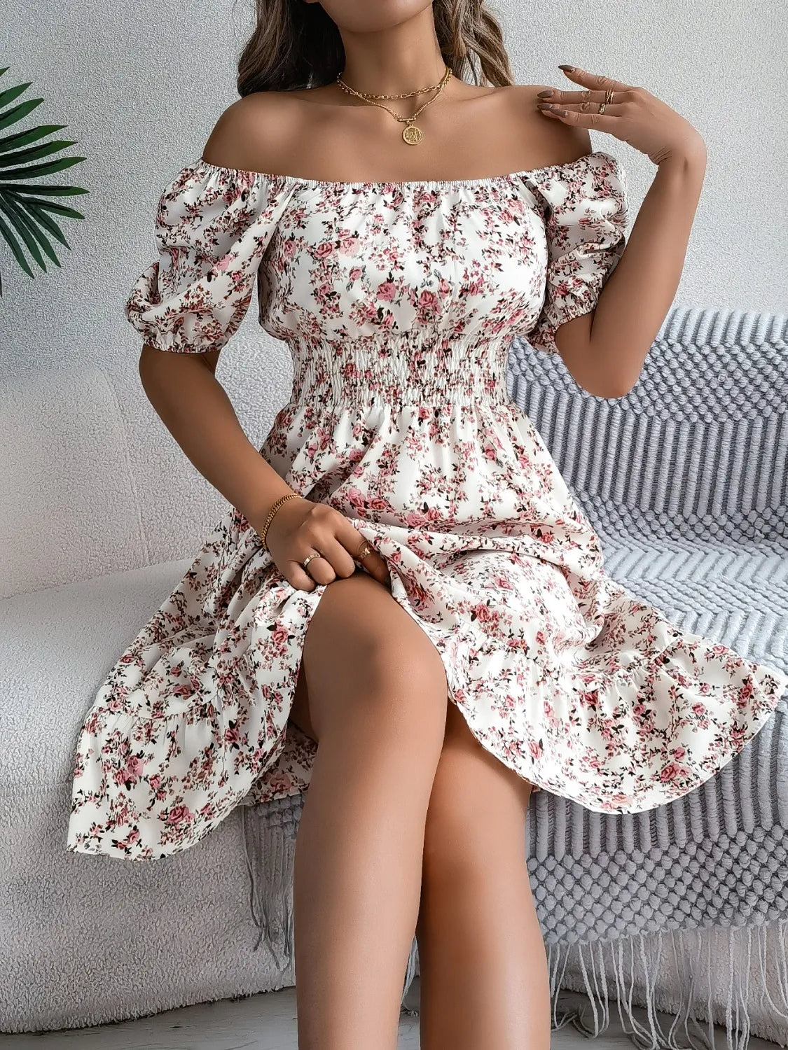 off the shoulder floral smocked dress