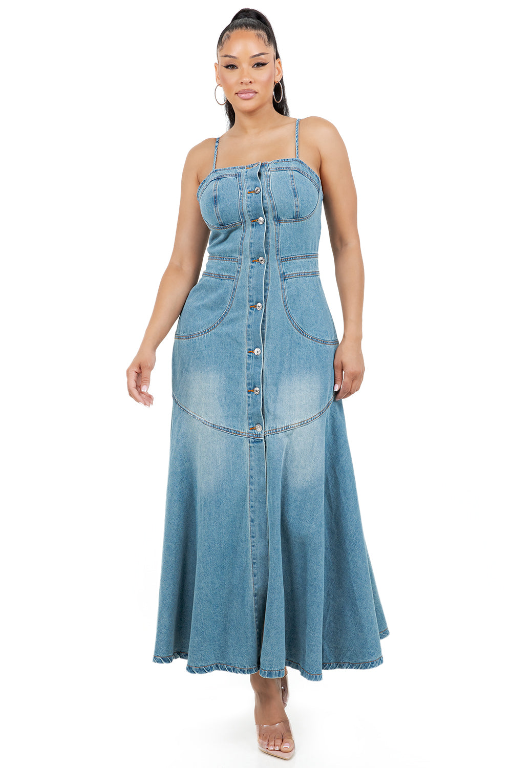 Long Denim Dress With Button-Down Front and Pockets