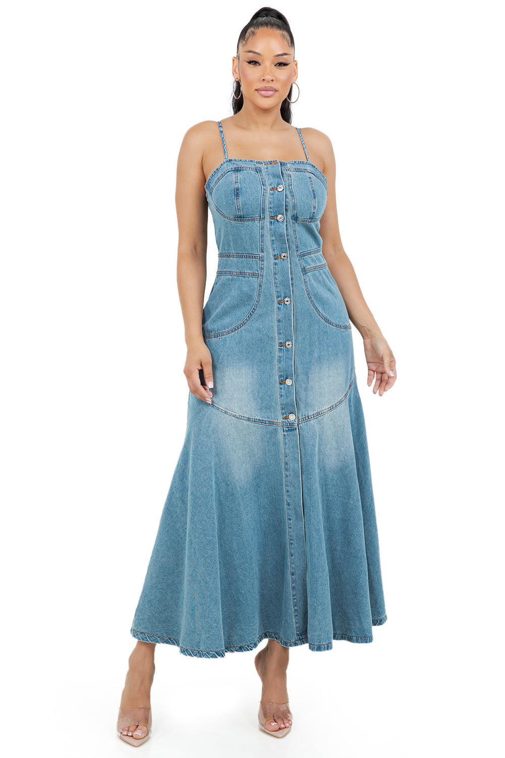 Long Denim Dress With Button-Down Front and Pockets