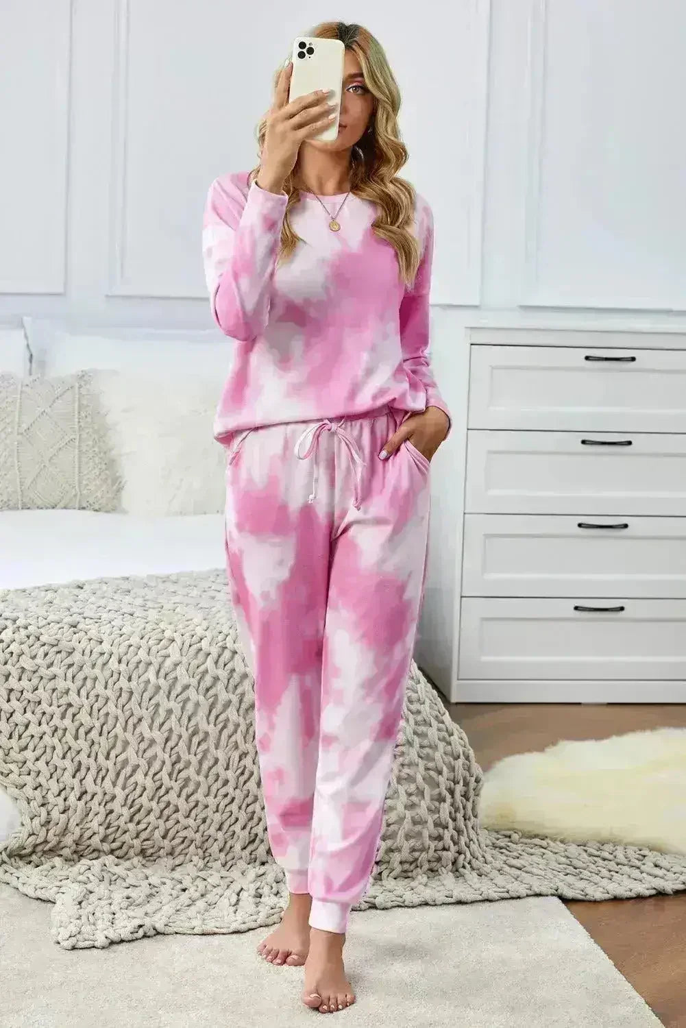 Pink Tie-Dye Long-Sleeve Jogger Set