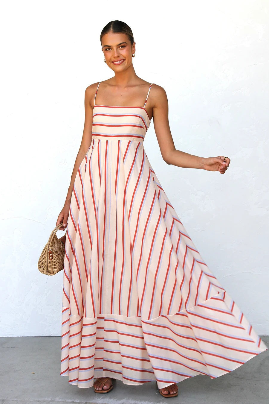 Cami Dress Striped Print High Waist Big Swing Vacation Women Dress
