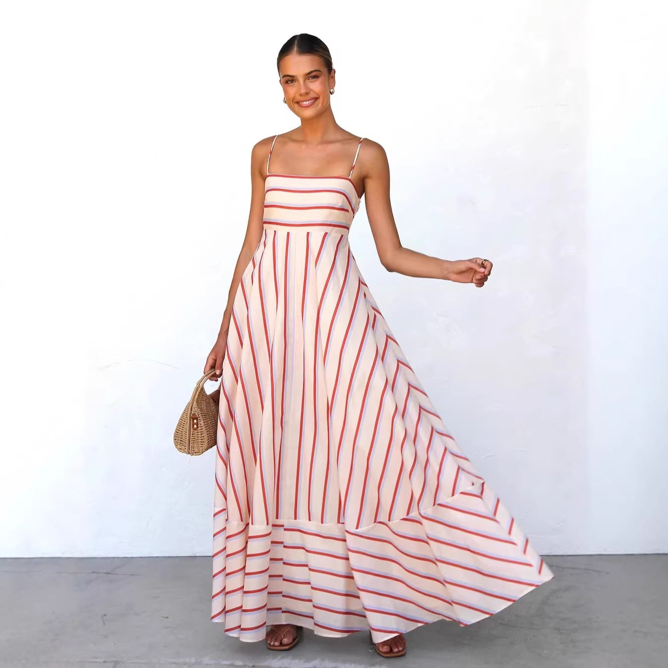 Cami Dress Striped Print High Waist Big Swing Vacation Women Dress