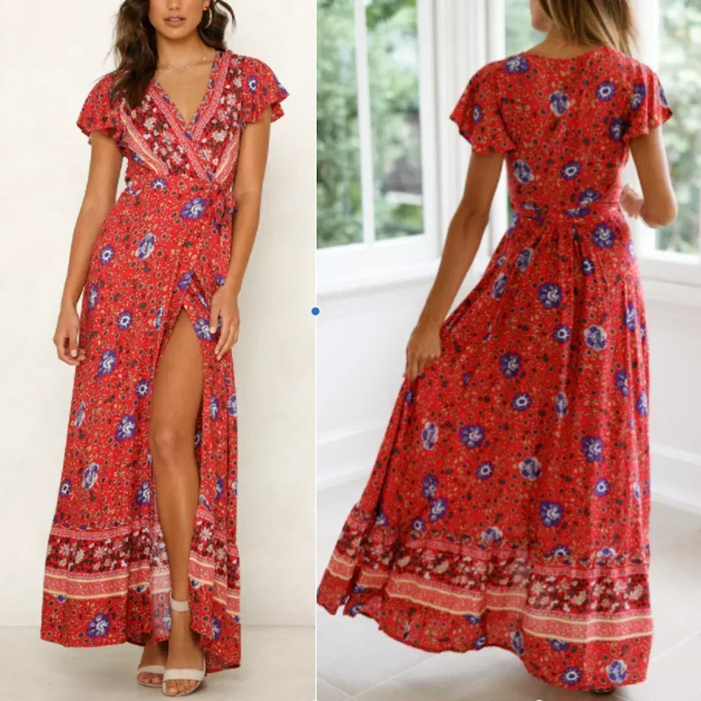 Wrap Style V-Neck Floral Maxi Dress