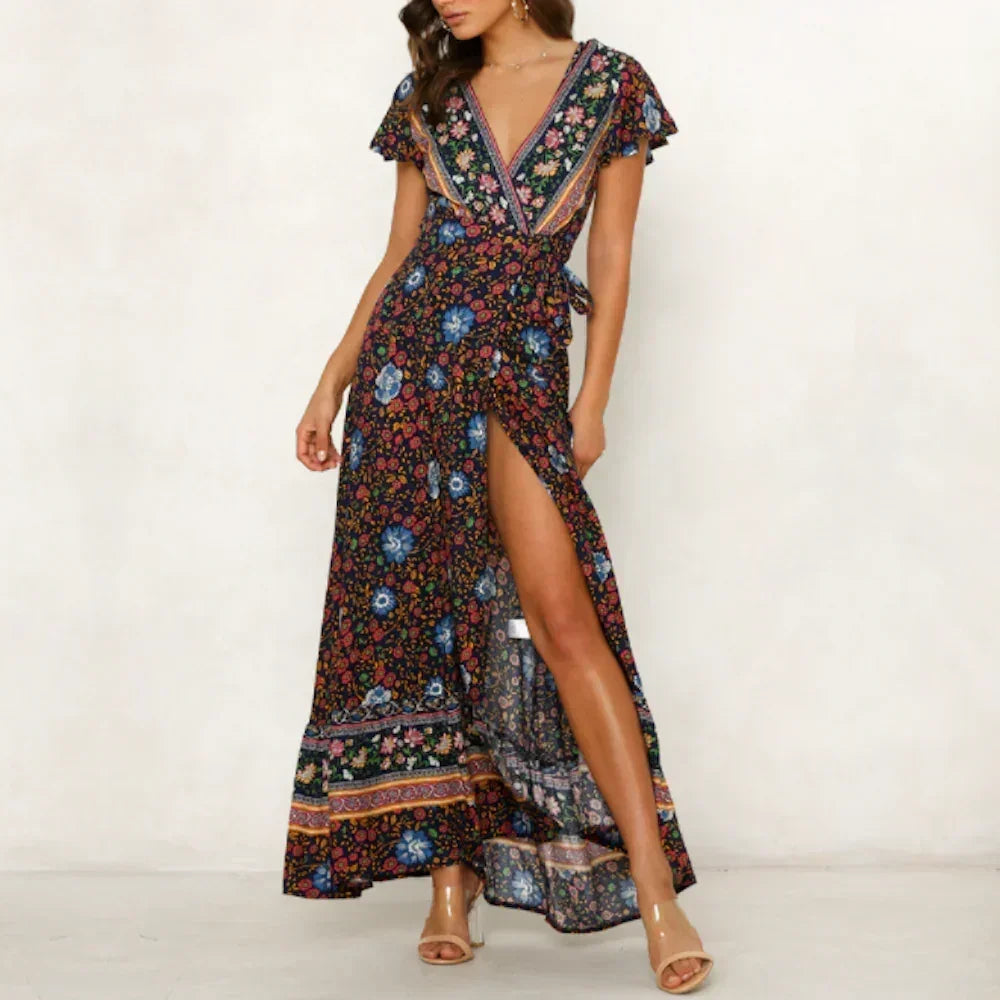 Wrap Style V-Neck Floral Maxi Dress