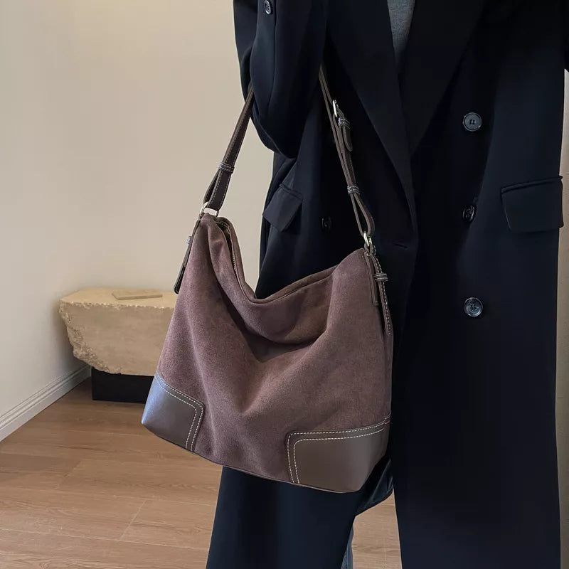 Suede Tote Bag with Leather Trim